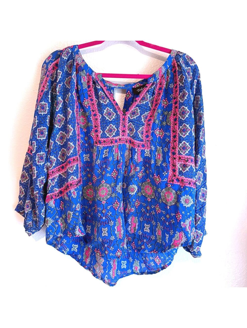 Tolani 100 Percent Silk Boho Floral and Geometric Peasant Blouse Size Small